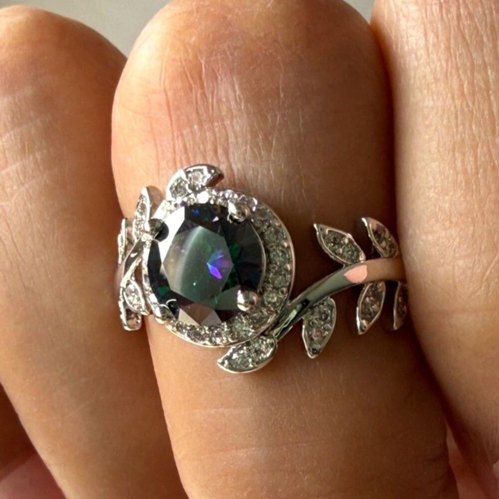 1 CT Rainbow Blue Moissanite Ring Size 6 | GRA Report | Leaf Vine Halo